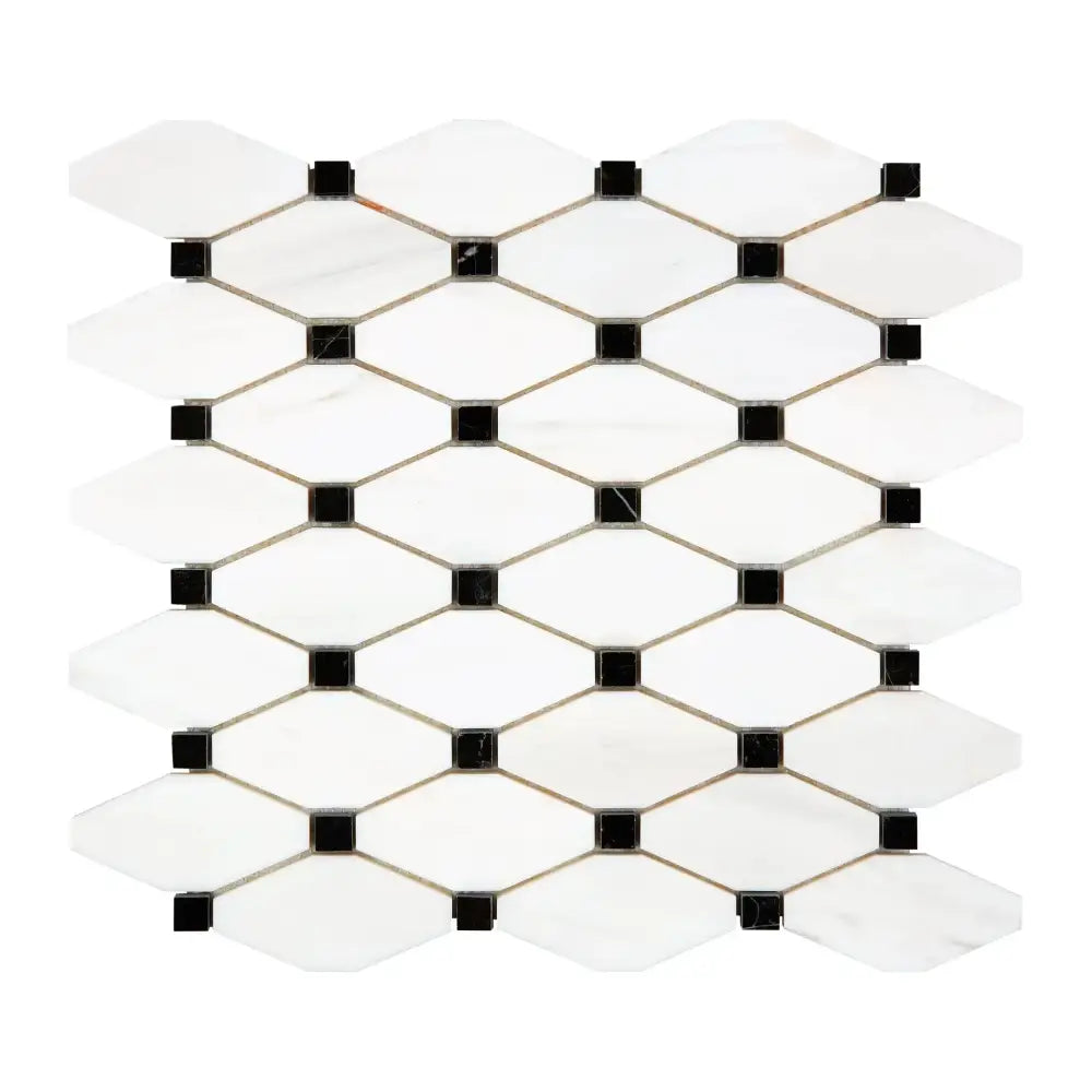 White Dolomite Prestige Octave mosaic tile sheet with black marble accents