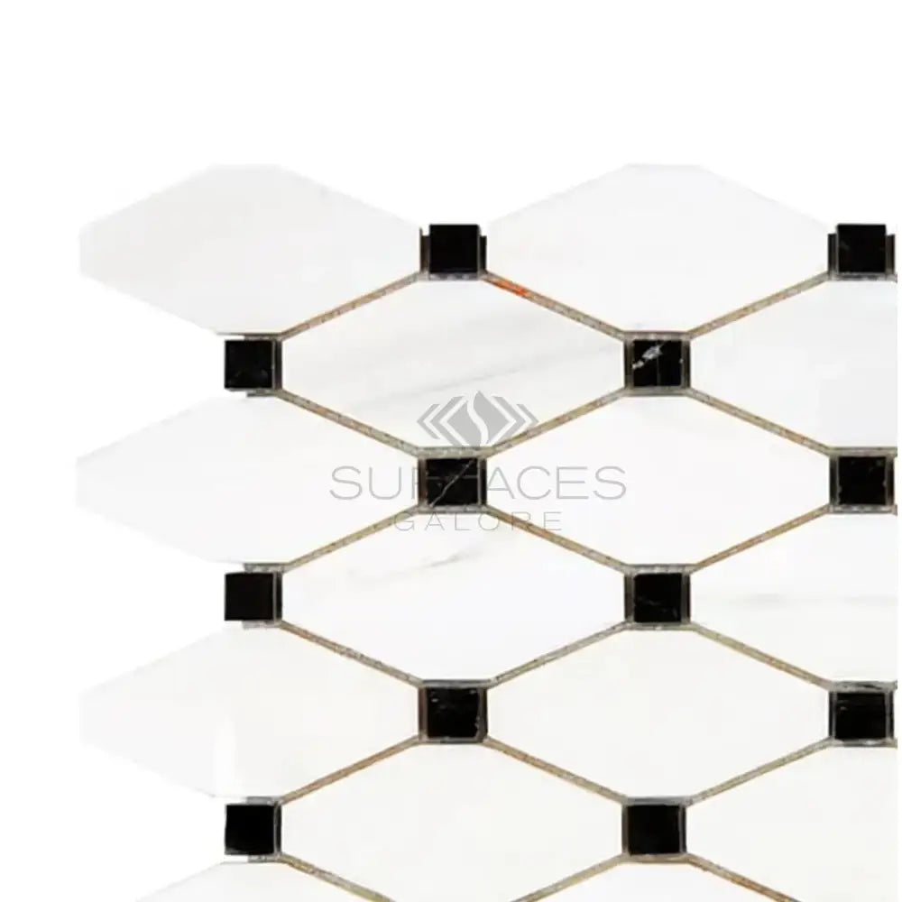 Dolomite White Prestige (White Dolomite) Octave (Long Octagon)w/Black Mosaic Marble-American Stone