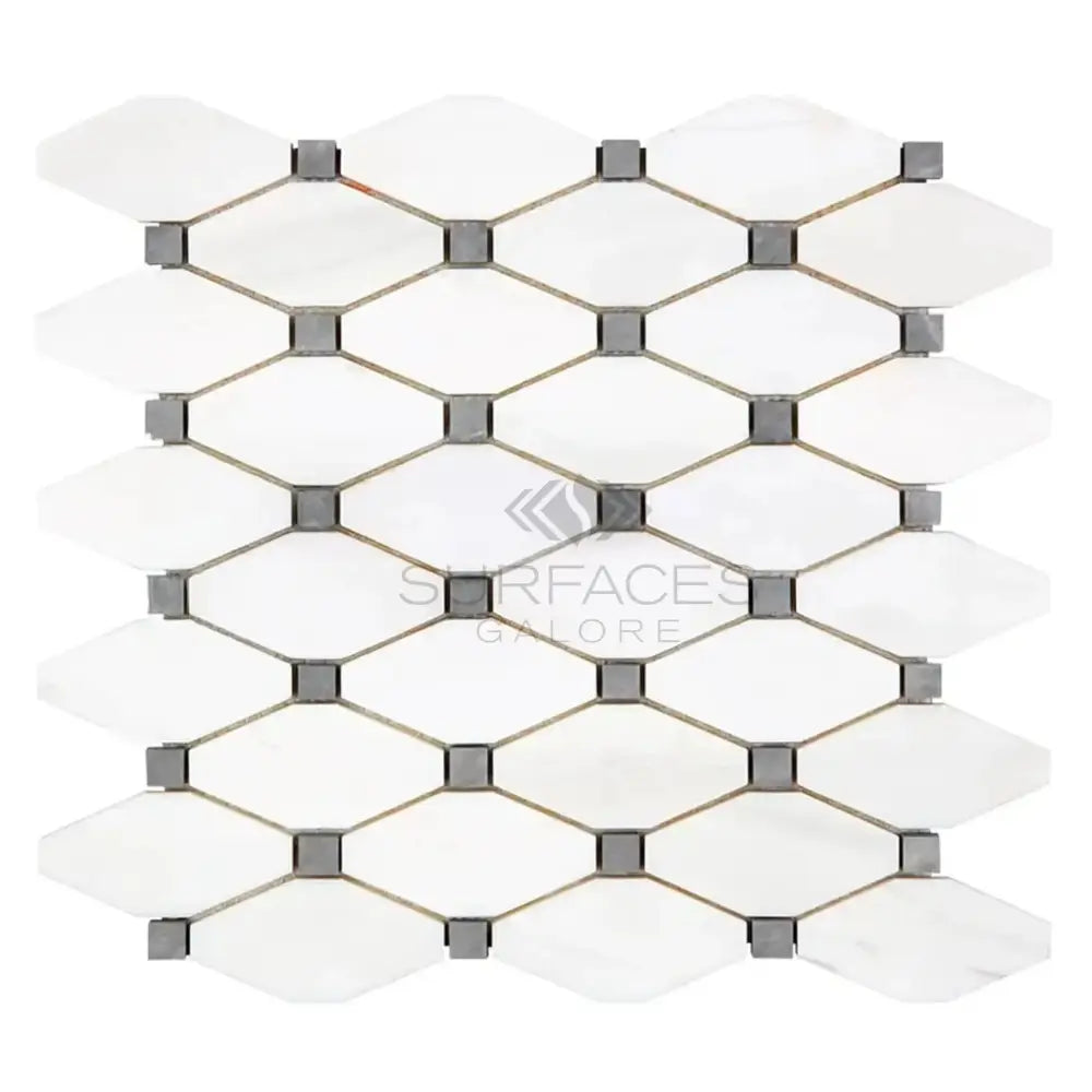 White diamond mosaic tile from Dolomite Prestige Octave collection with blue-gray marble