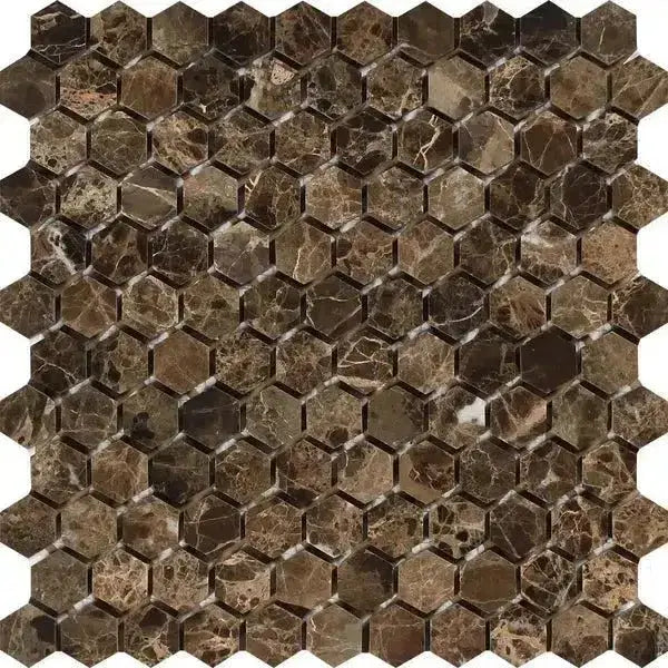 Brown hexagon mosaic tile from Emperador Dark Marble 1 inch polished collection