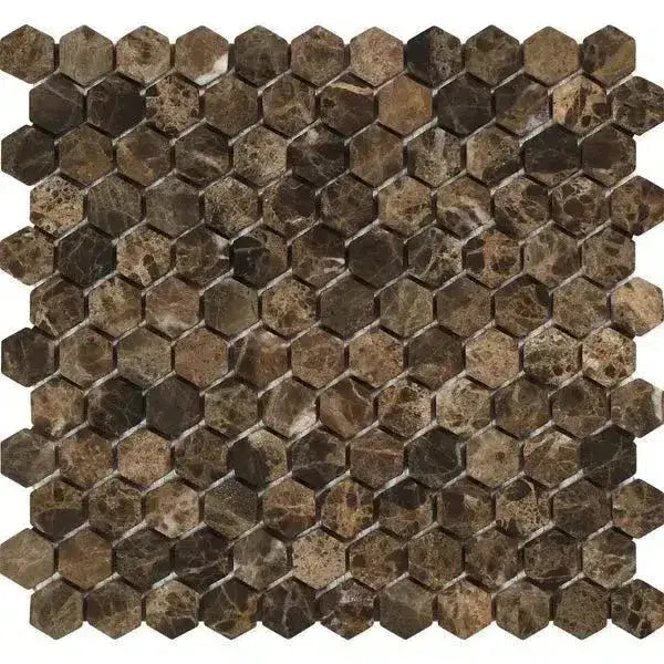 Emperador Dark Oro Marble 1" Hexagon Mosaic Tumbled-American Stone