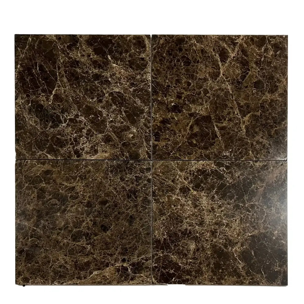 Four brown marble tiles from Emperador Dark Marble 1X1 Mosaic Tumbled collection