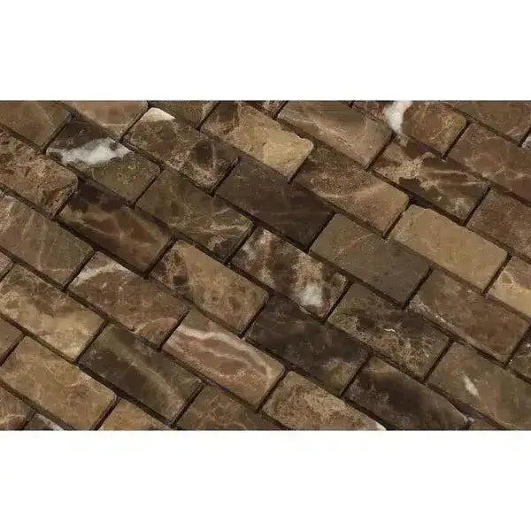 Emperador Dark Oro Marble 1X2 Brick Mosaic Tumbled-American Stone