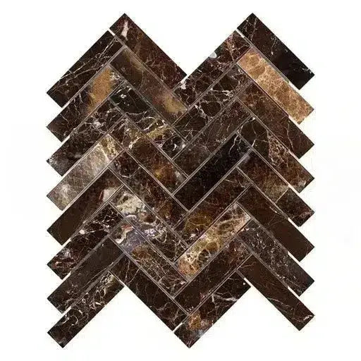 Emperador Dark Oro Marble 1X4 Herringbone Mosaic Polished-American Stone