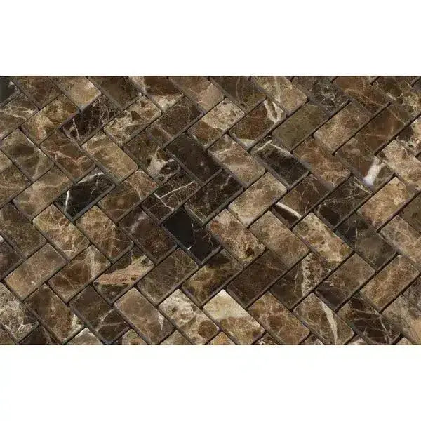 Emperador Dark Oro Marble 1X4 Herringbone Mosaic Polished-American Stone