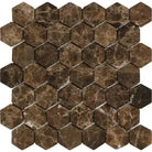 Brown marble hexagon tiles in Emperador Dark Marble 2 Inch Hexagon Mosaic Tumbled design