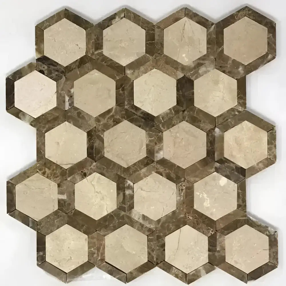 Emperador Dark Oro Marble 2" Vortex Hexagon (w/ Crema Marfil) Mosaic Polished-American Stone