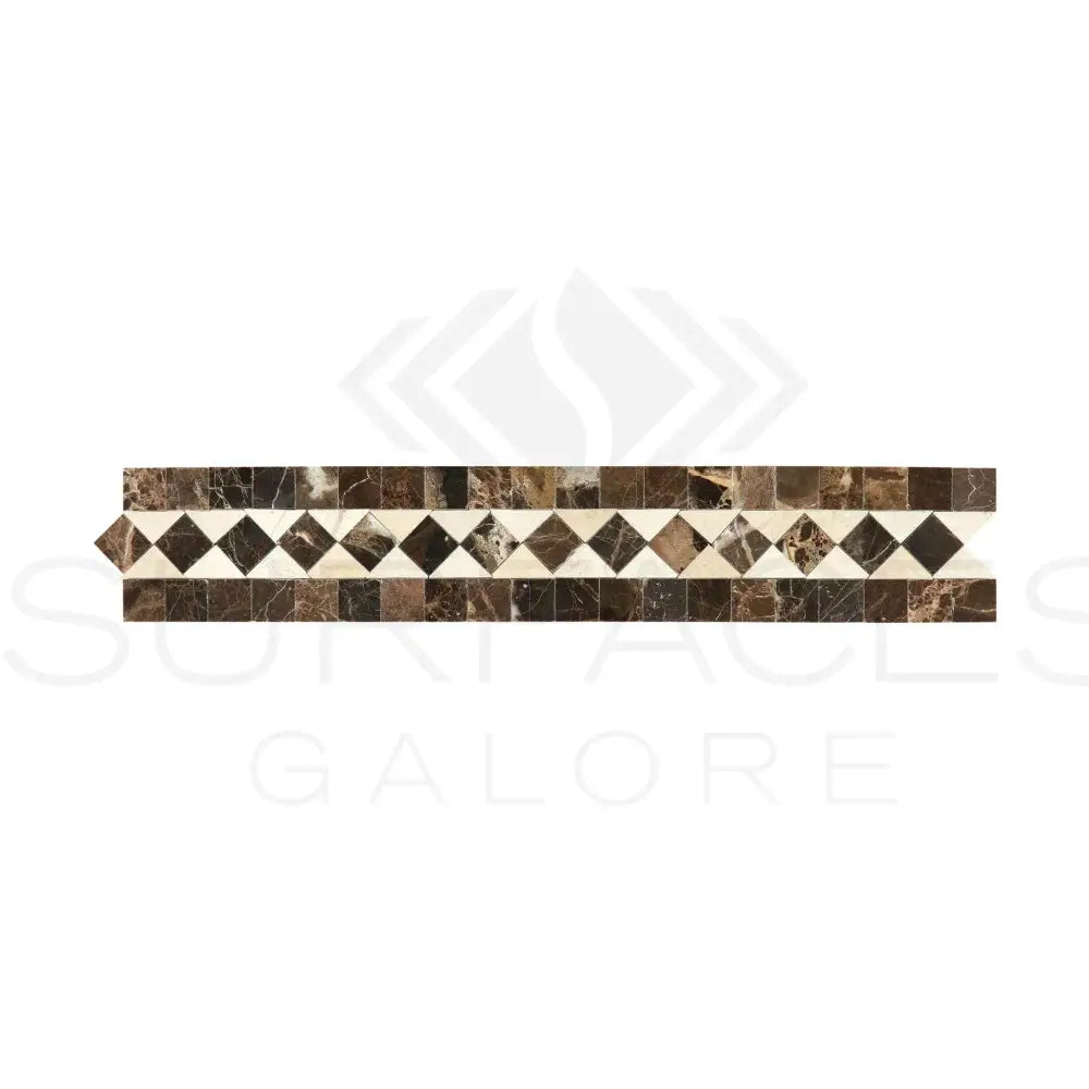 Elegant decorative marble tile border featuring Emperador Dark Oro and Crema Marfil dots