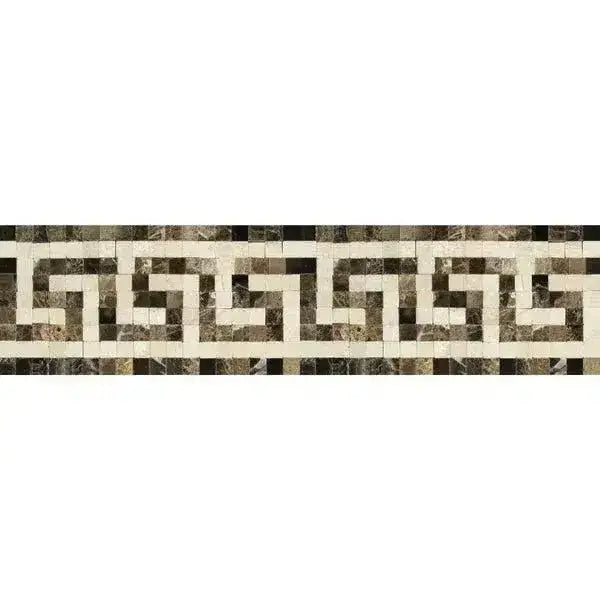 Mosaic tile border featuring Greek key pattern in Emperador Dark Marble design