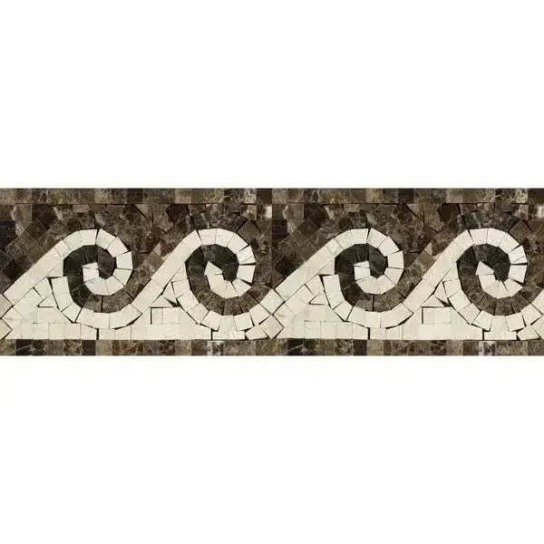 Mosaic tile border in wave pattern featuring Emperador Dark Marble polished finish