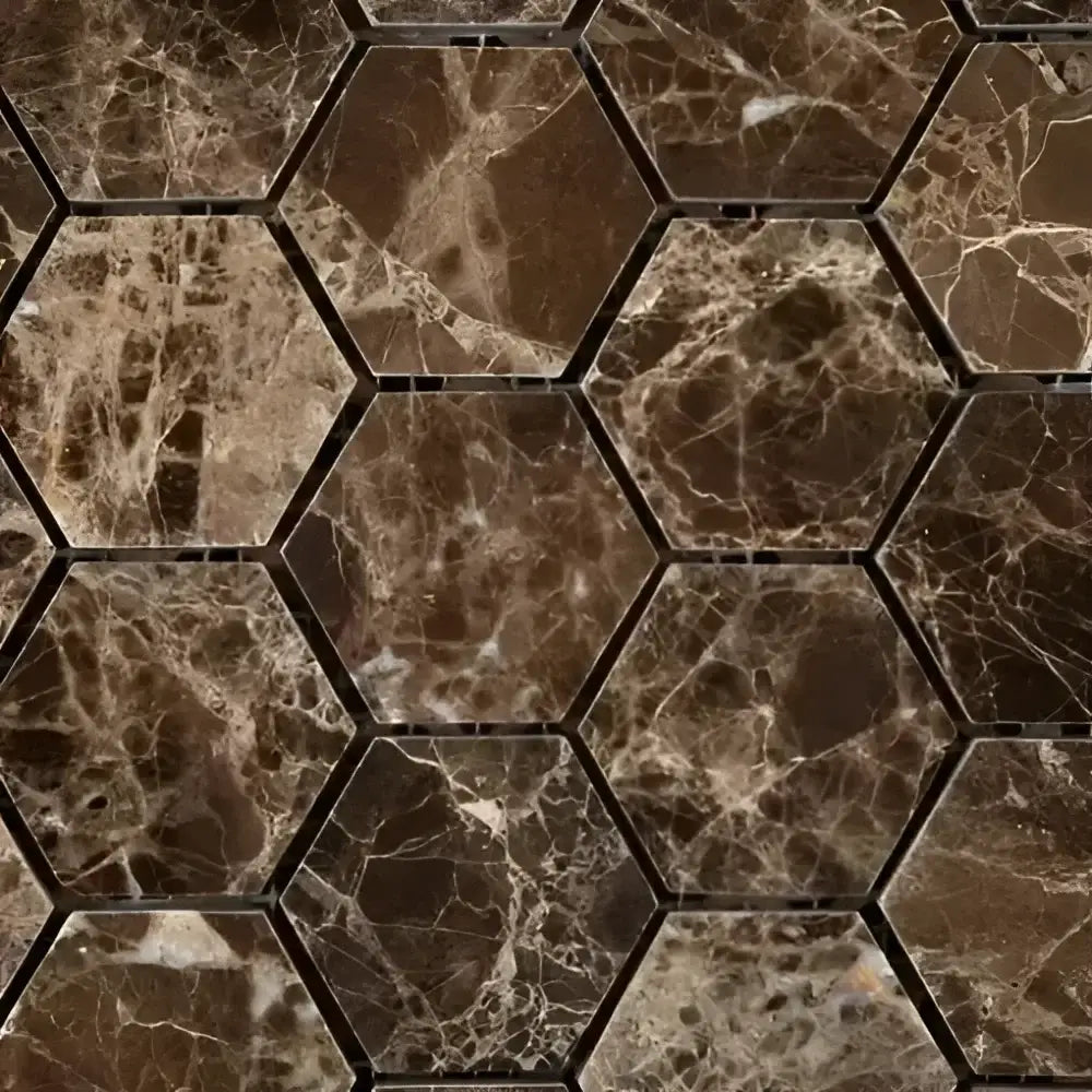 Emperador Dark Oro Marble 3" Hexagon Mosaic Tumbled-American Stone