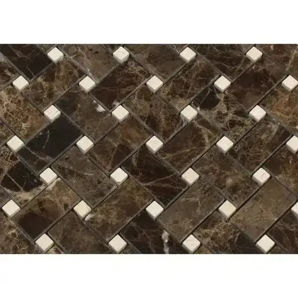 Emperador Dark Oro Marble Basketweave w/ Crema Marfil Dots Mosaic Polished-American Stone