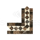 Corner mosaic tile border featuring Emperador Dark Oro Marble with Crema Marfil dots