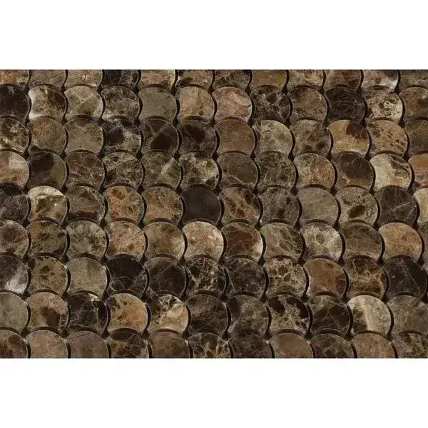 Brown marble mosaic tiles featuring Emperador Dark Marble FAN Raindrop polished design