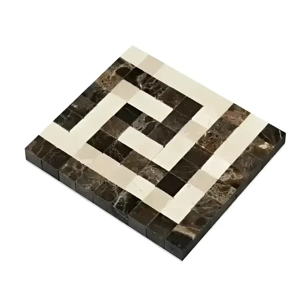 Emperador Dark Oro Marble Greek Key Corner Border (Emp. Dark+C. Marfil) 3 1/8 X 3 1/2 Polished-American Stone