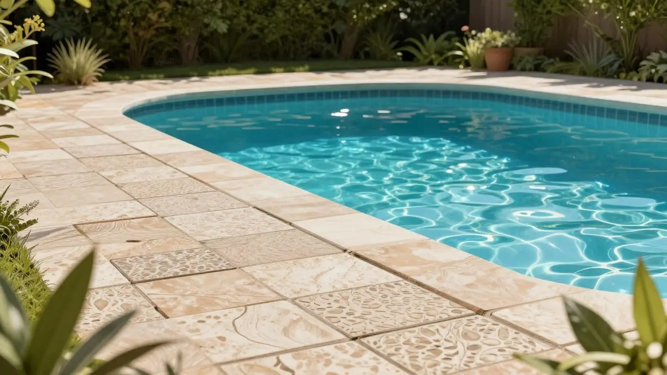 后院泳池，配有优雅的铺路石盖和周围的绿色植物。