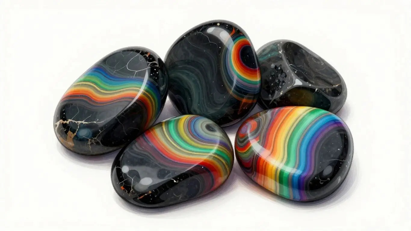 Onyx rainbow gemstones with swirling vibrant colors.