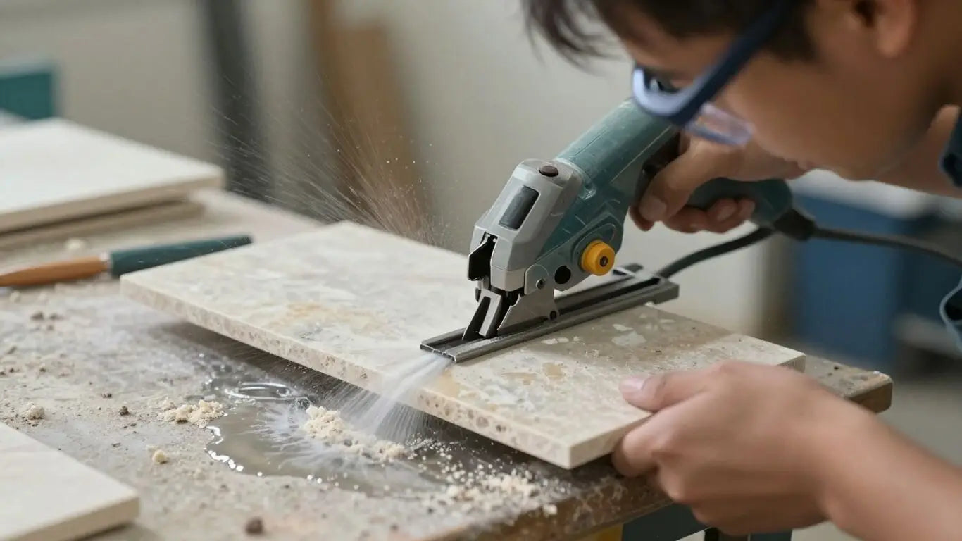 Persona cortando baldosas de piedra natural con una sierra de agua.