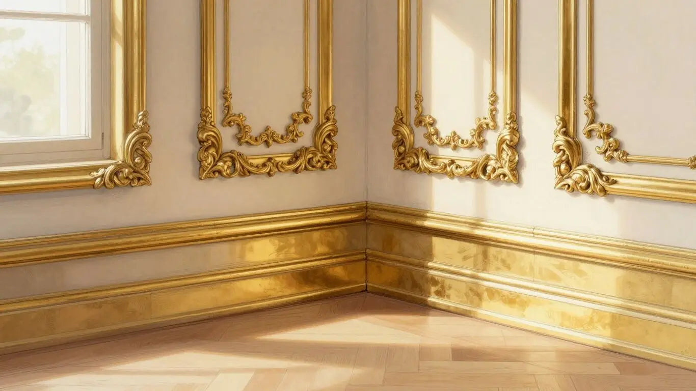 Boceto de rodapiés dorados ornamentados en una habitación lujosa.