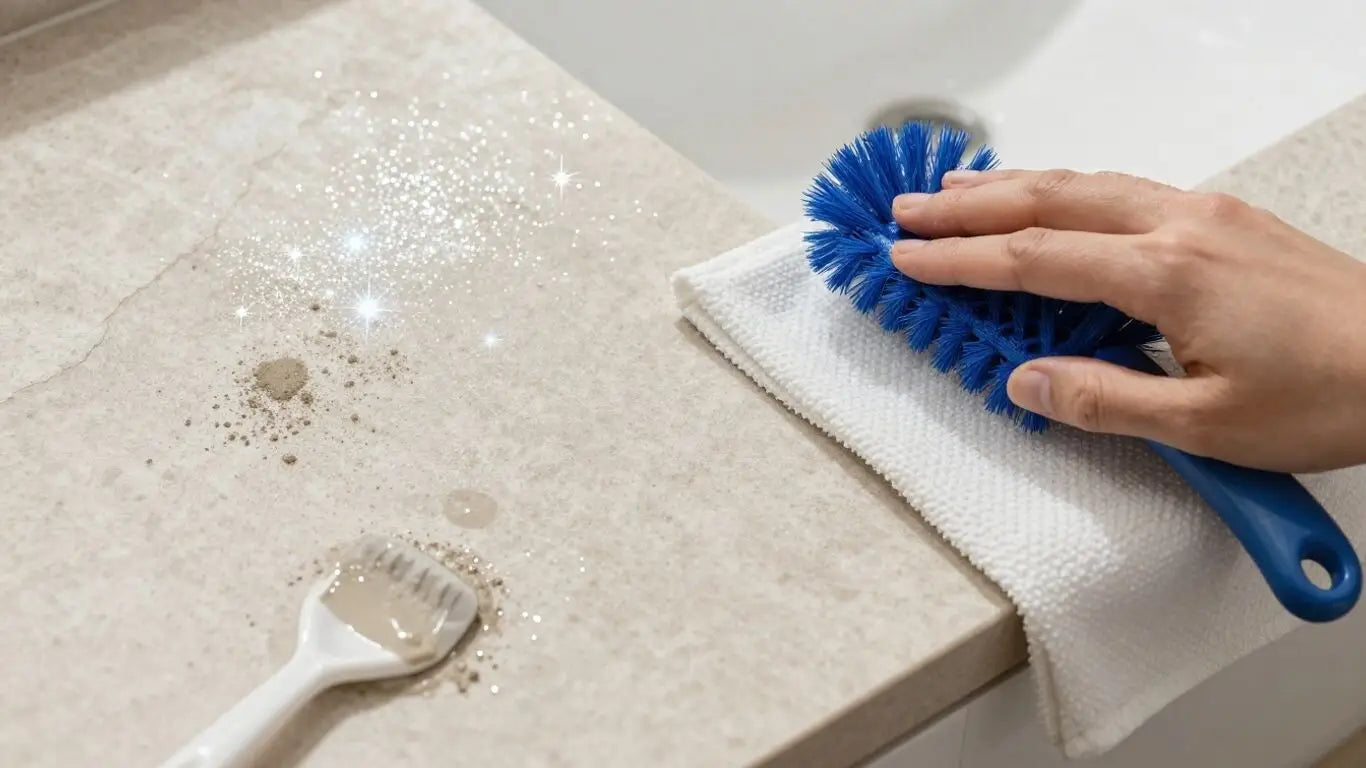 Sparkling clean limestone surface with cleaning tools.