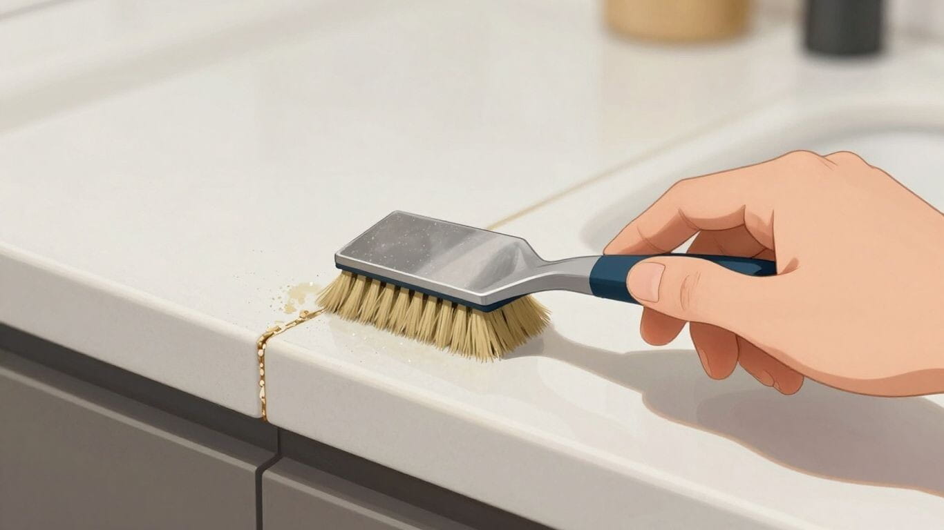 Limpiando juntas sucias en un salpicadero de cocina con un cepillo.