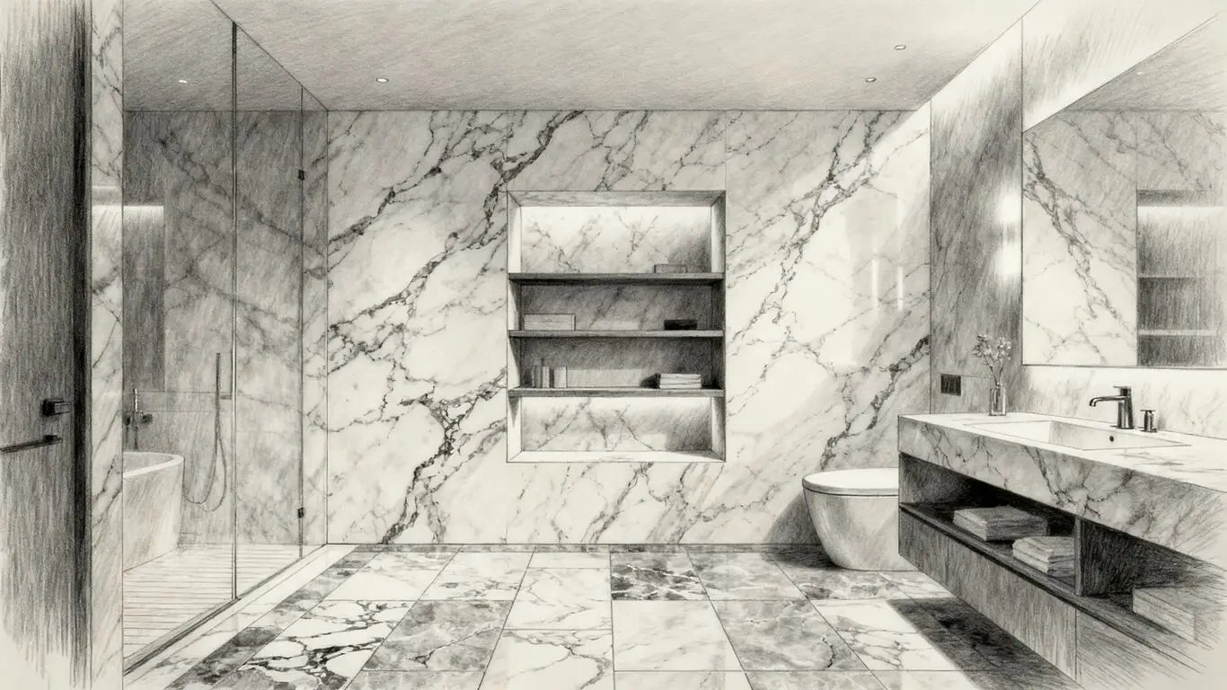 Master bathroom with marble accents and shower