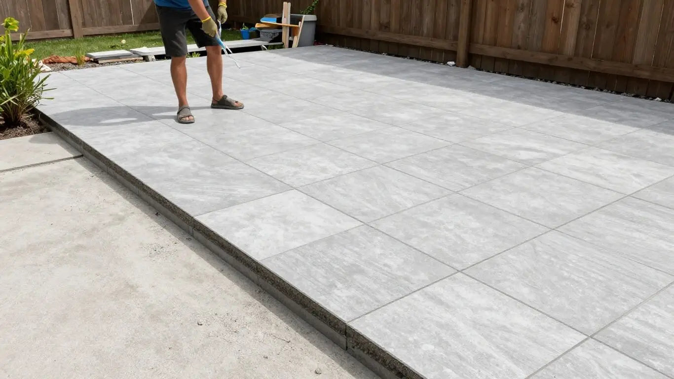 Installing outdoor patio tiles over concrete backyard.