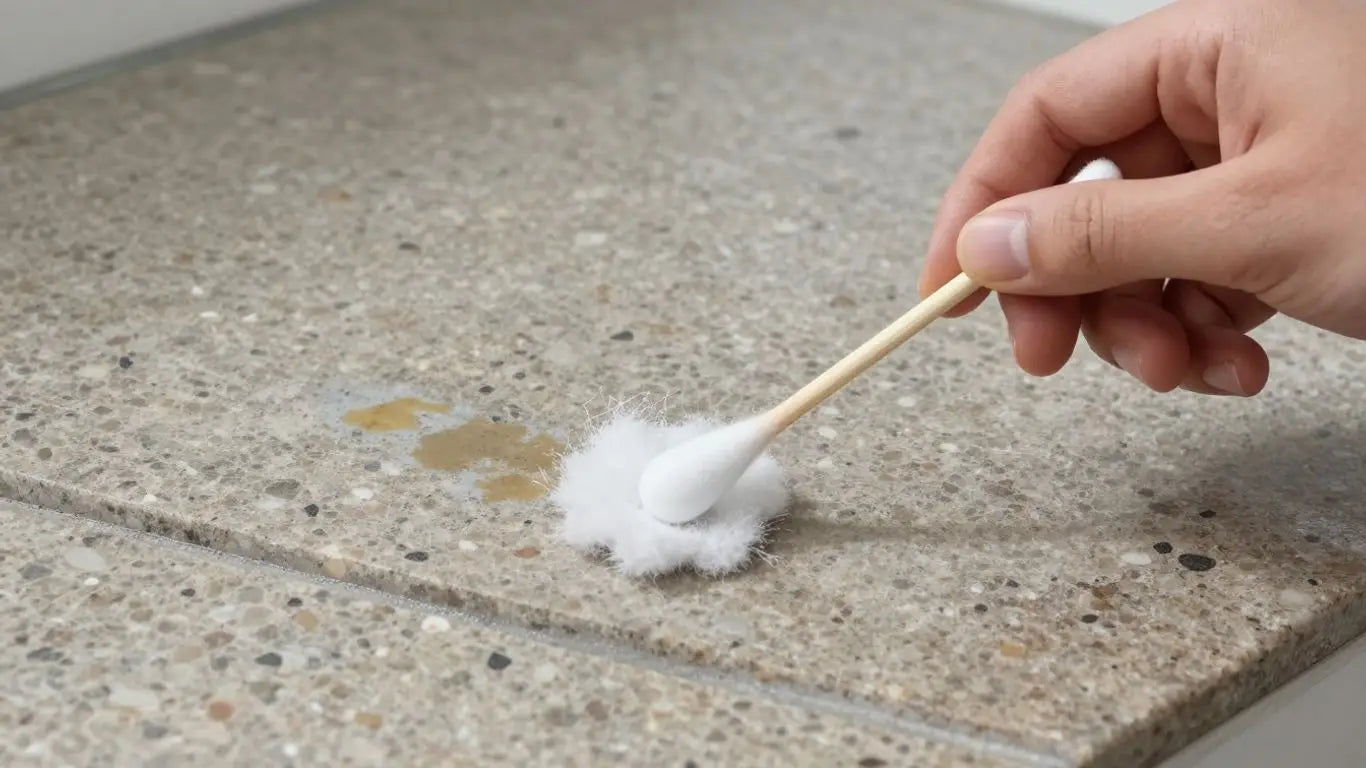 Travertine tile cleaning test with cotton swab.