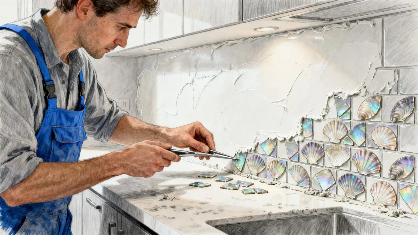 Technician carefully installing mosaic shell sheets