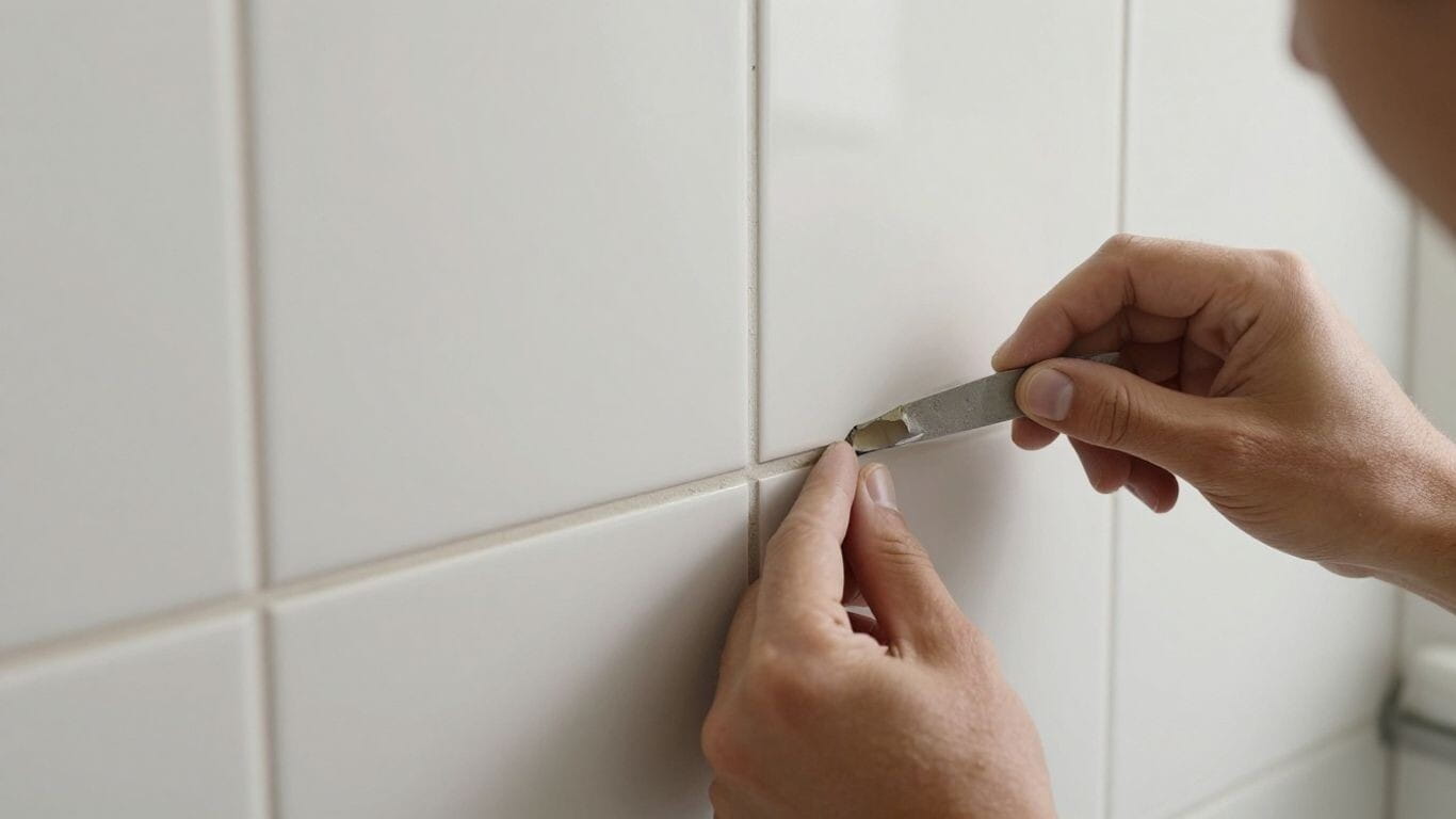 Hands grouting a tiled backsplash, focusing on clean lines.