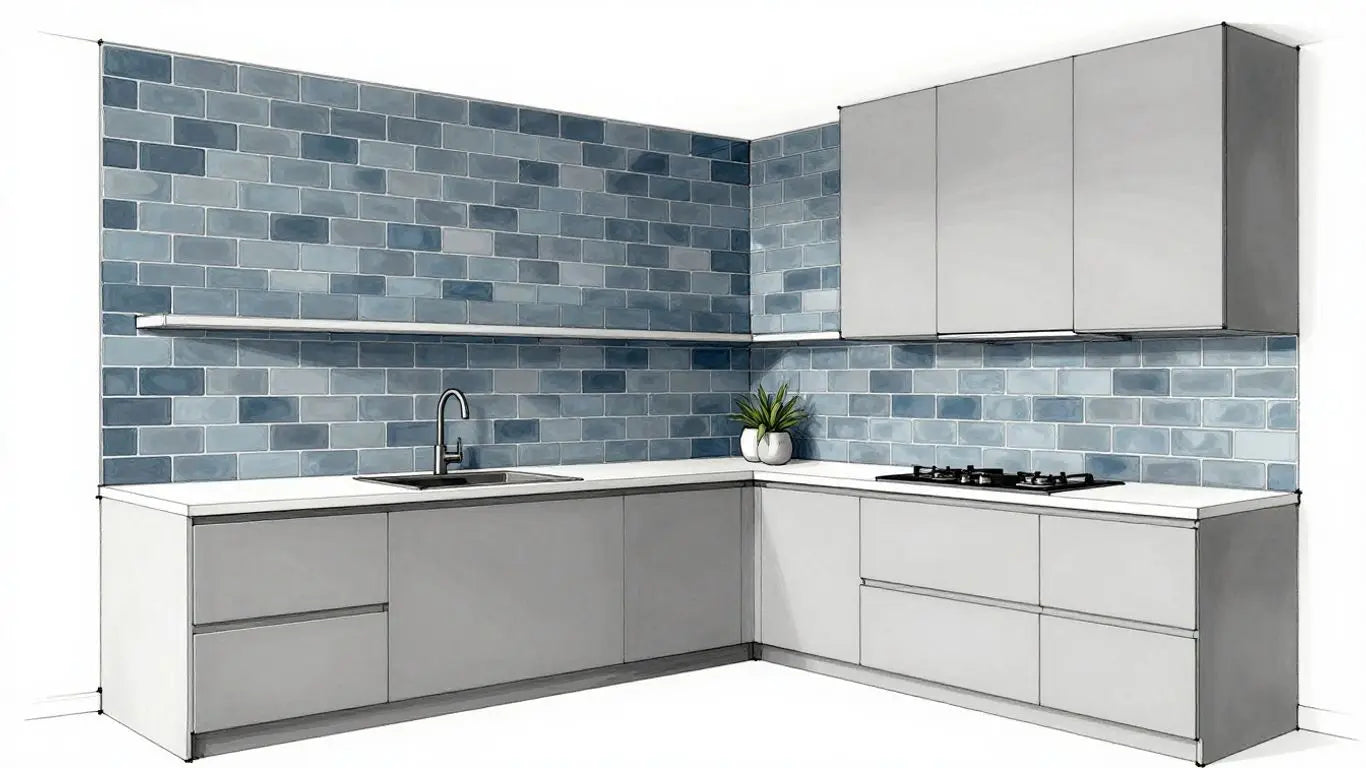 Elegant blue grey subway tile kitchen backsplash sketch.