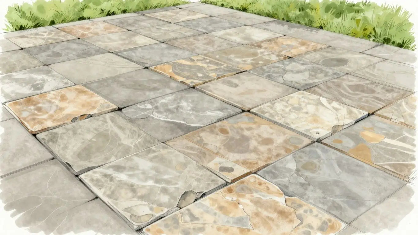 Backyard patio with natural stone tiles over concrete.