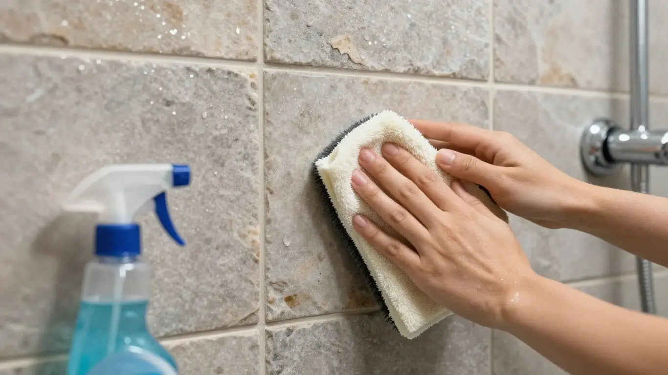 Sketch of cleaning a natural stone tile shower.