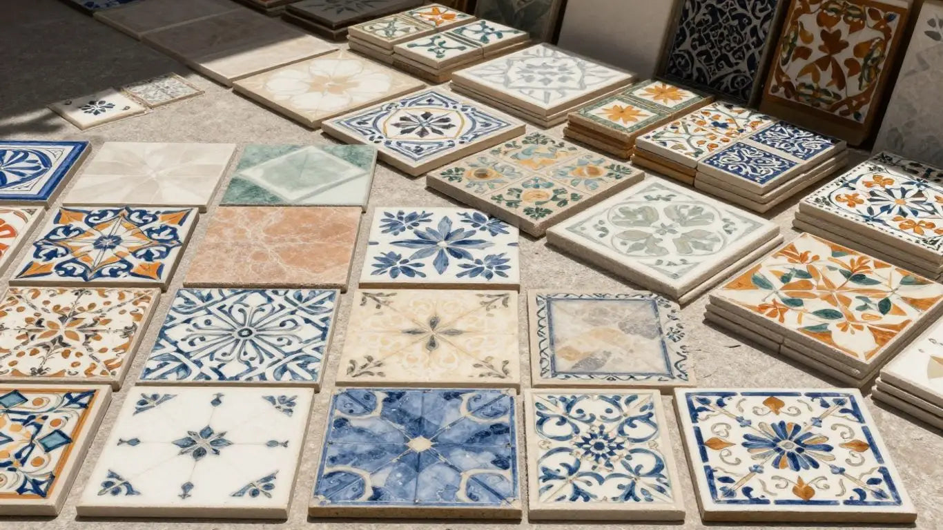 Colorful tile samples in a sketch style.