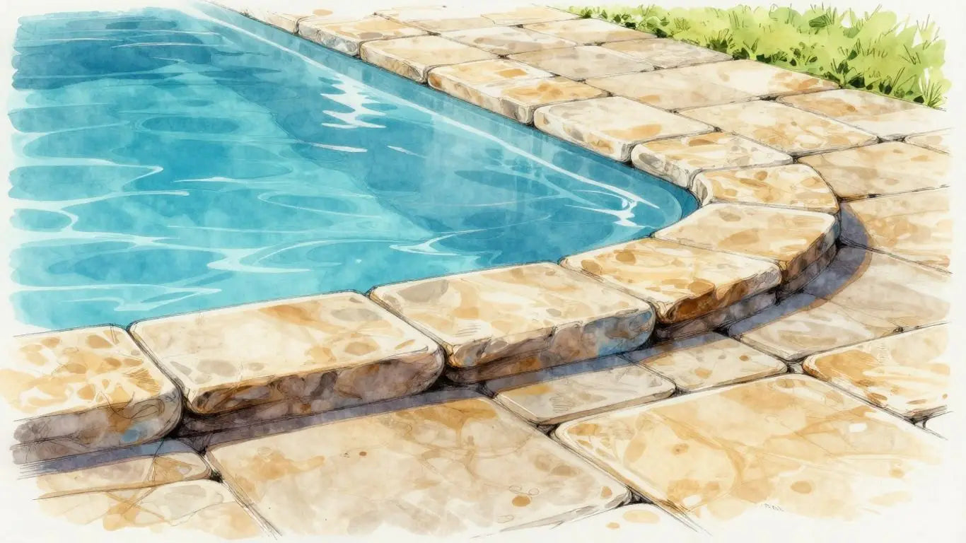 后院泳池周围的天然石材铺路石盖。