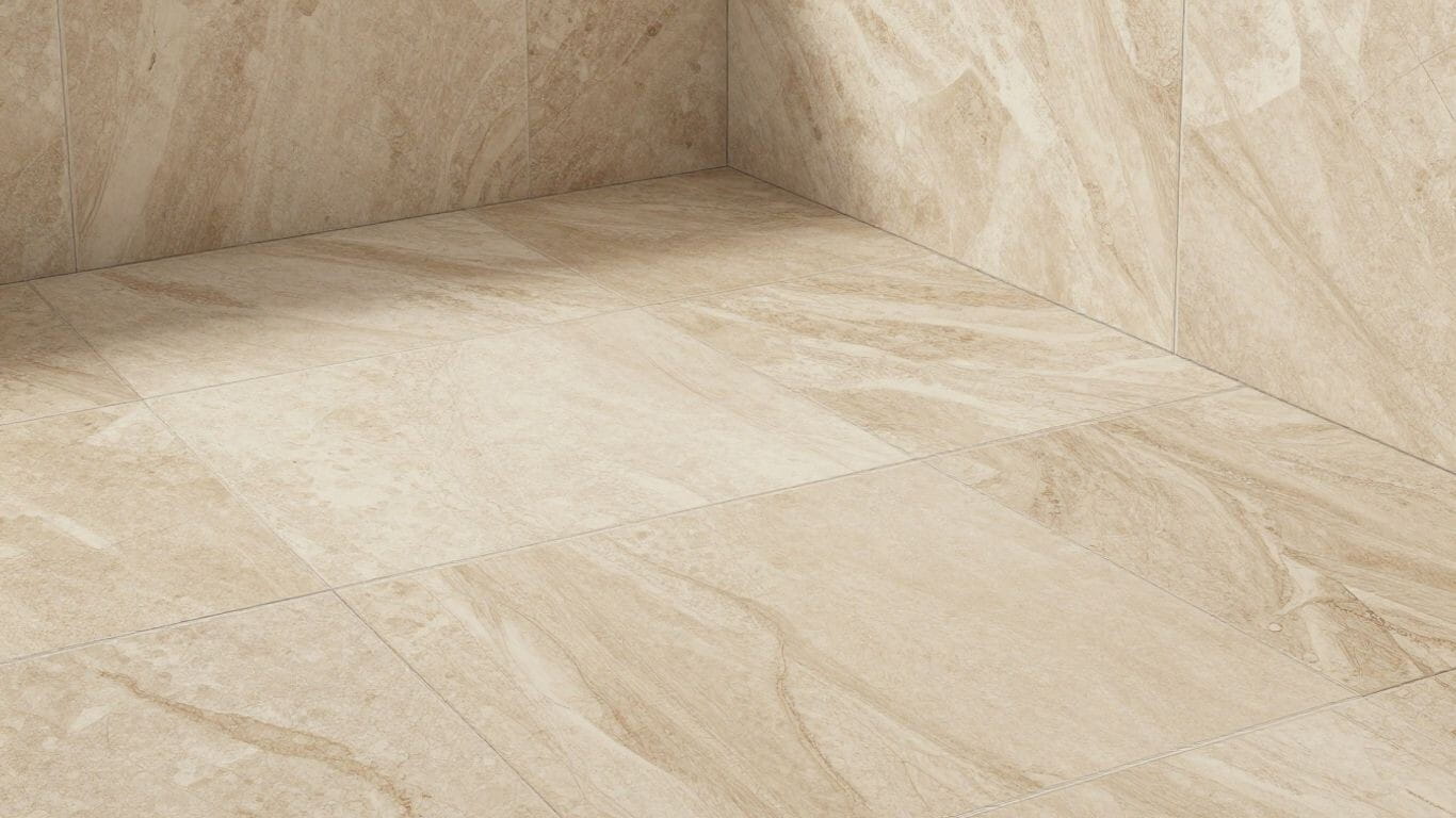 Travertine-look porcelain tile in a bathroom sketch.