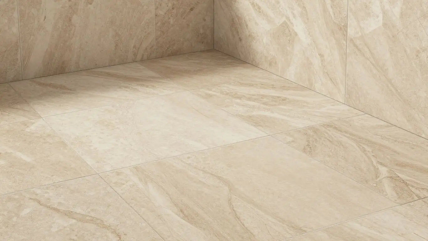 Baldosa de porcelana con aspecto de travertino en un boceto de baño.