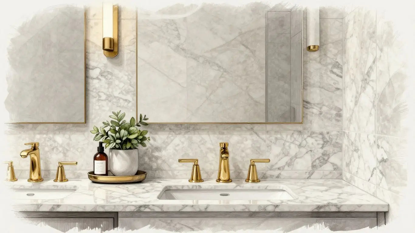 Sketch of luxury quartz tile bathroom with gold hardware.