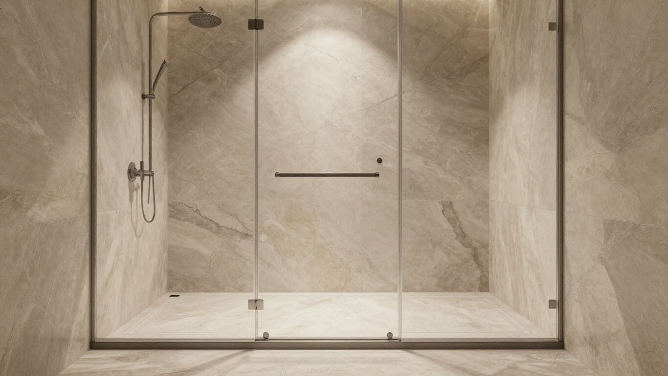 Boceto de un baño con ducha de azulejos de piedra natural.