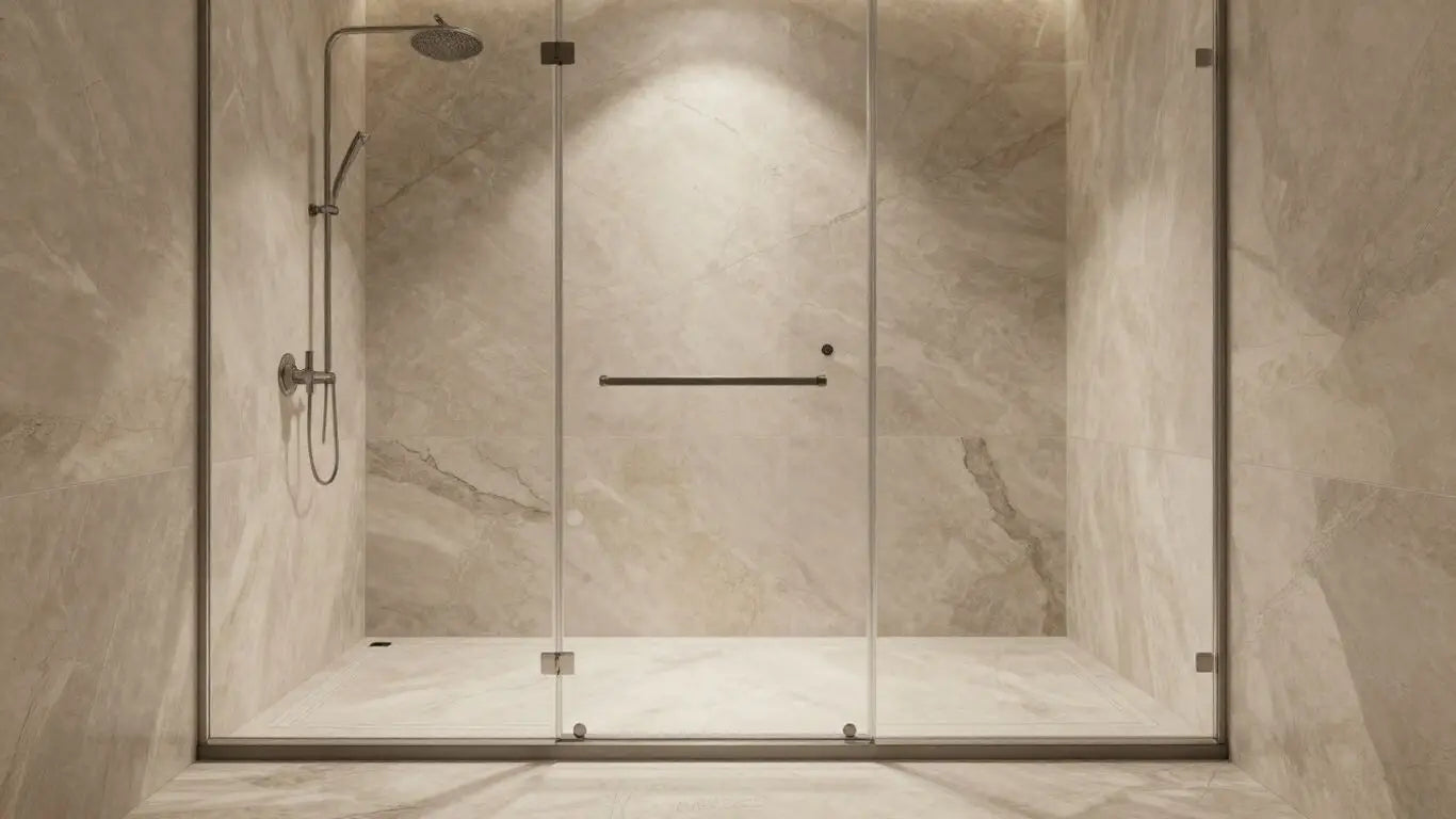 Sketch of a bathroom with natural stone tile shower.