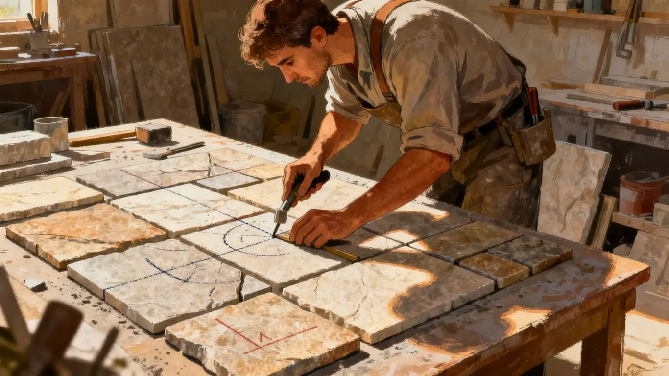 A professional craftsman measuring natural stone for installation