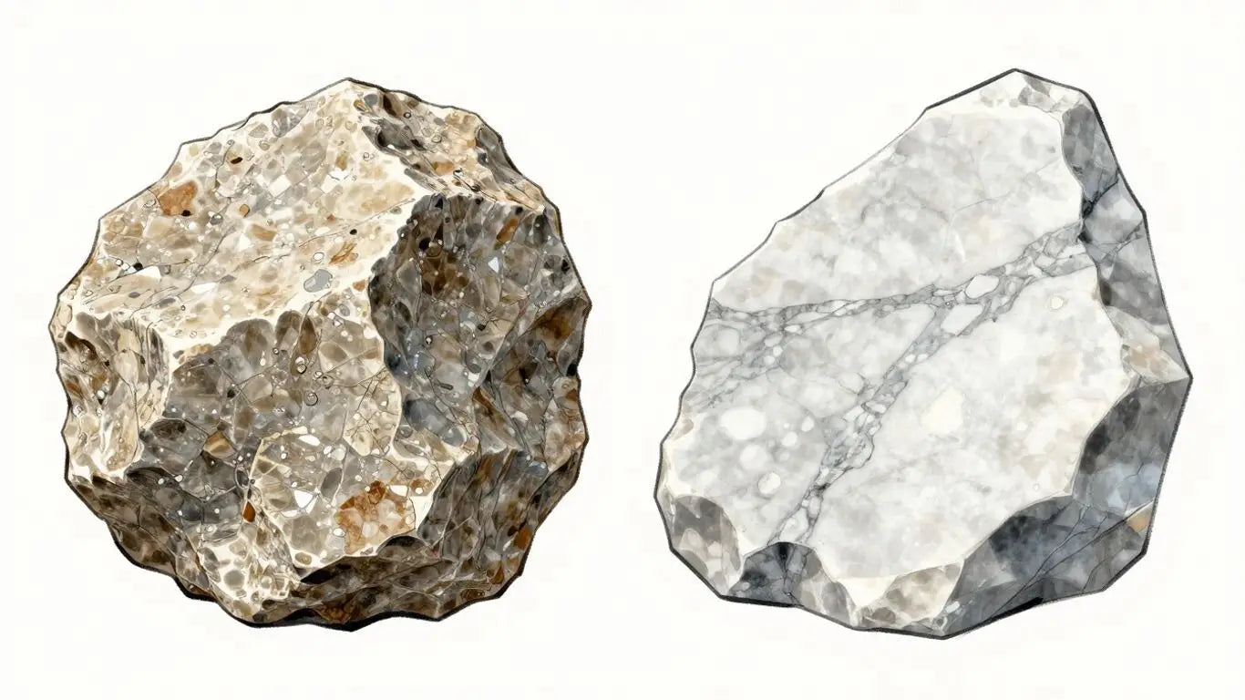 Roca de dolomita junto a un boceto de losa de mármol