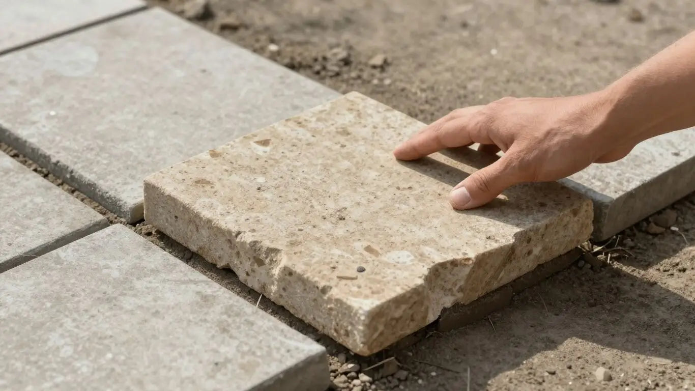 Instalación de baldosas de travertino en patio de hormigón.