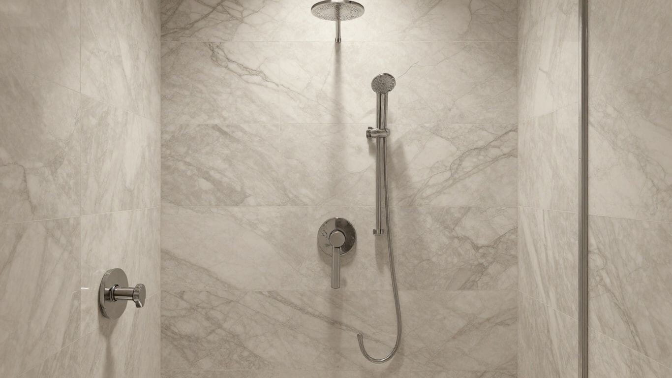 Boceto de diseño de ducha de mármol con azulejos de piedra