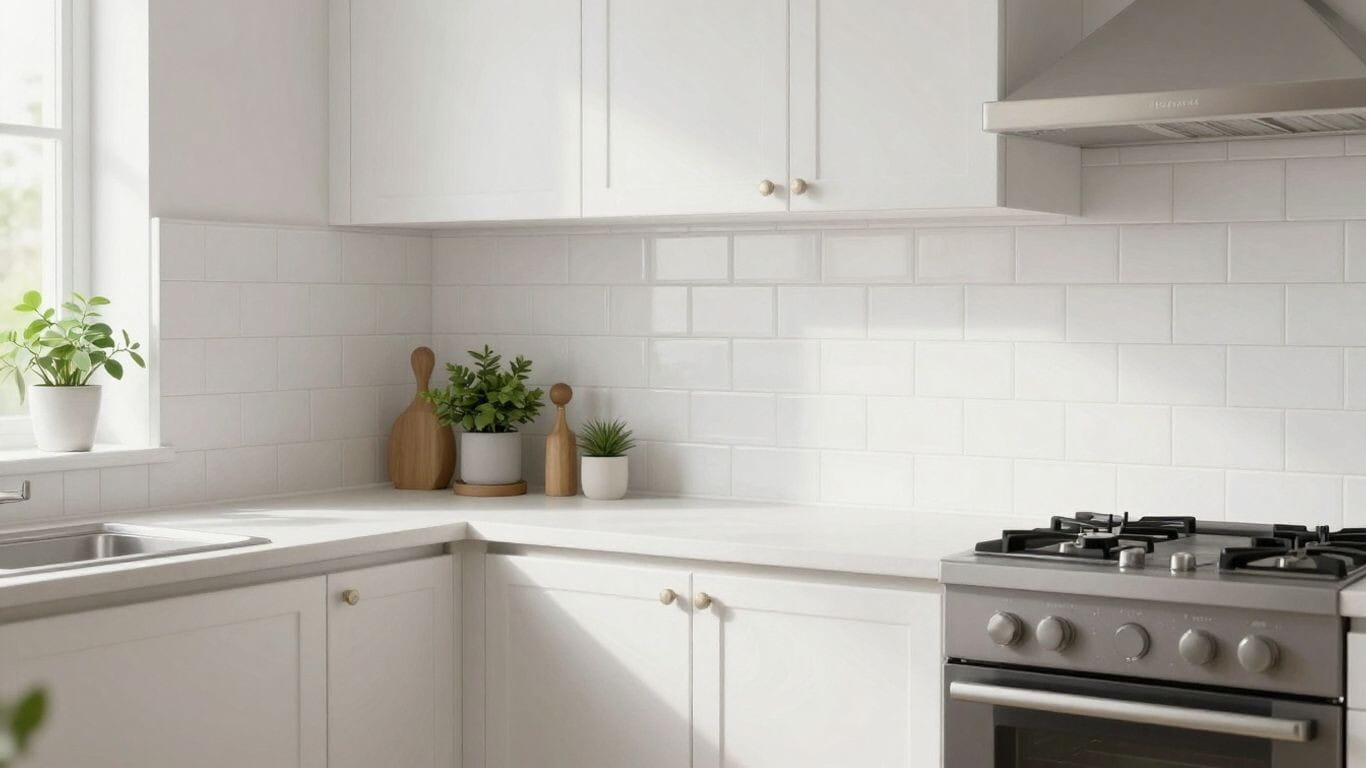 Boceto ilustrativo de salpicadero de cocina con baldosas de metro blancas