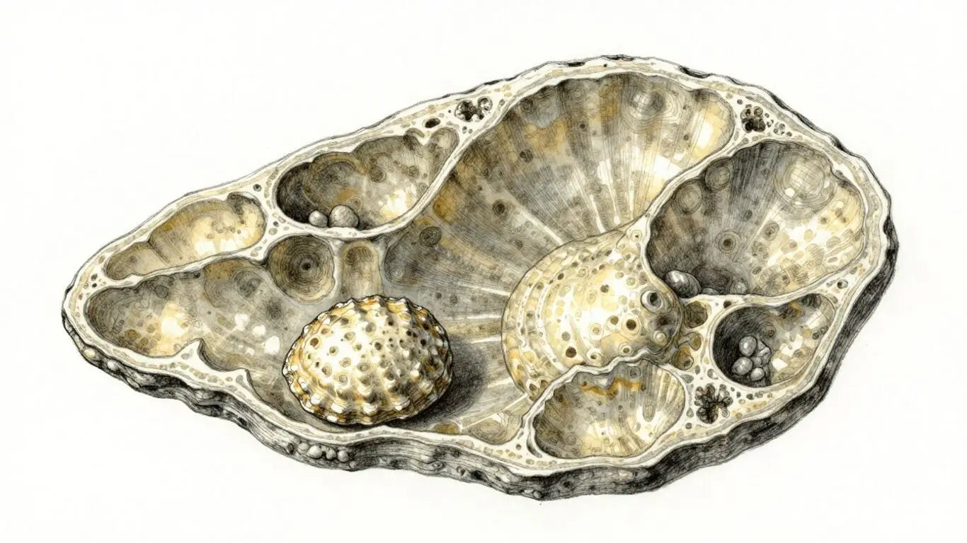 Sketch of layered limestone shells with natural textures.