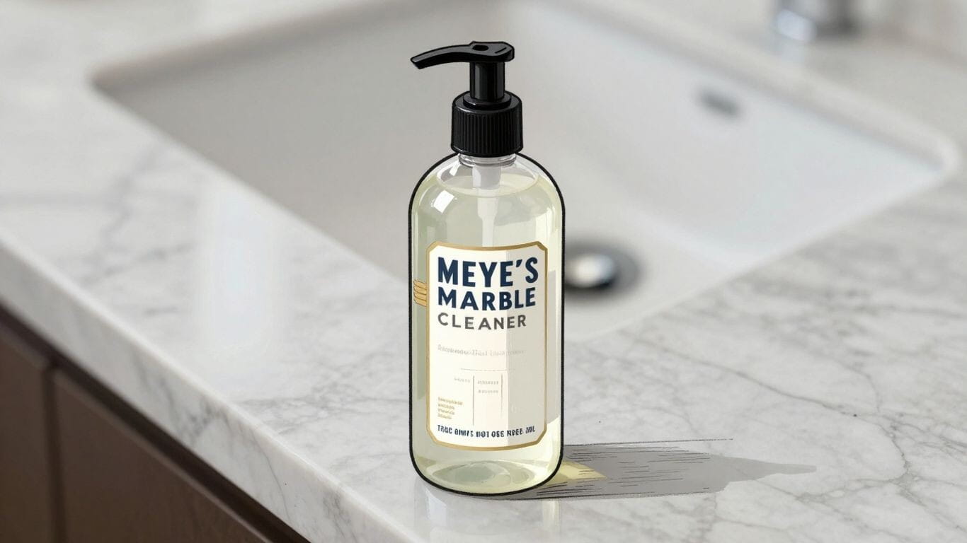 Botella de Mrs. Meyer's Marble Cleaner y boceto de superficie de mármol brillante.