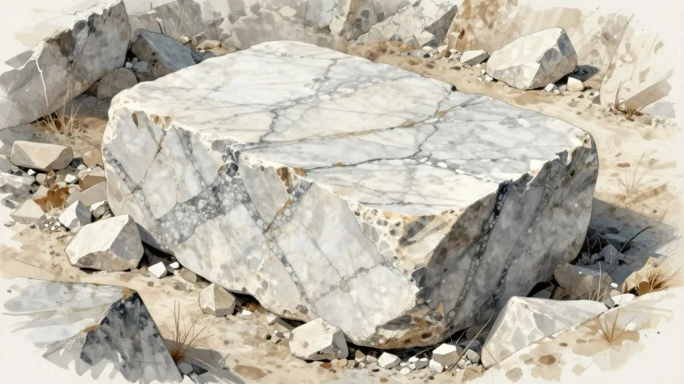 Boceto de cantera de mármol dolomita y proceso de extracción.