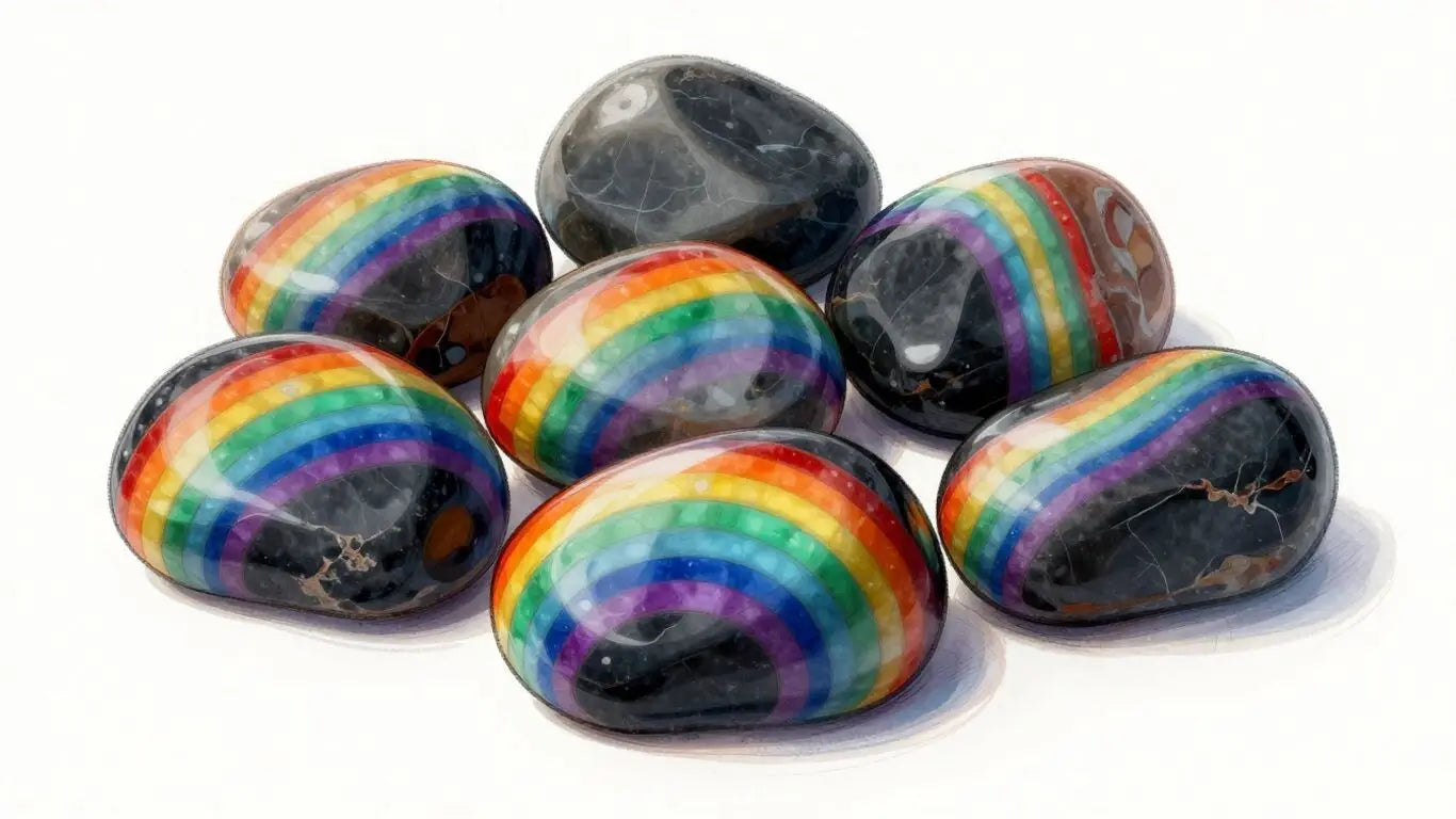 Onyx rainbow gemstones with swirling bands of color.