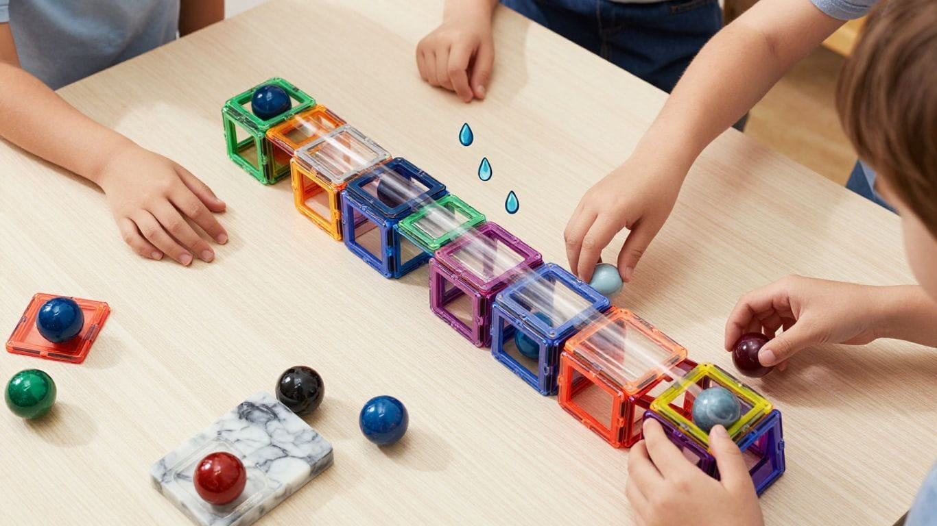 Children building a magnetic tile marble run with colorful pieces.